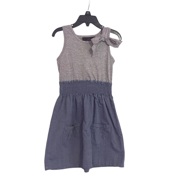 Girls Self Esteem 5/6 Gray & Blue Sleeveless Dress With Bow Detail & Smocked Wai - Picture 1 of 5